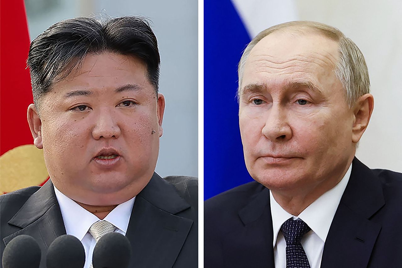 北韩领导人金正恩（左）称赞北韩与俄罗斯的关系，此前有报导称俄罗斯总统普亭（右）将于近期访问平壤。