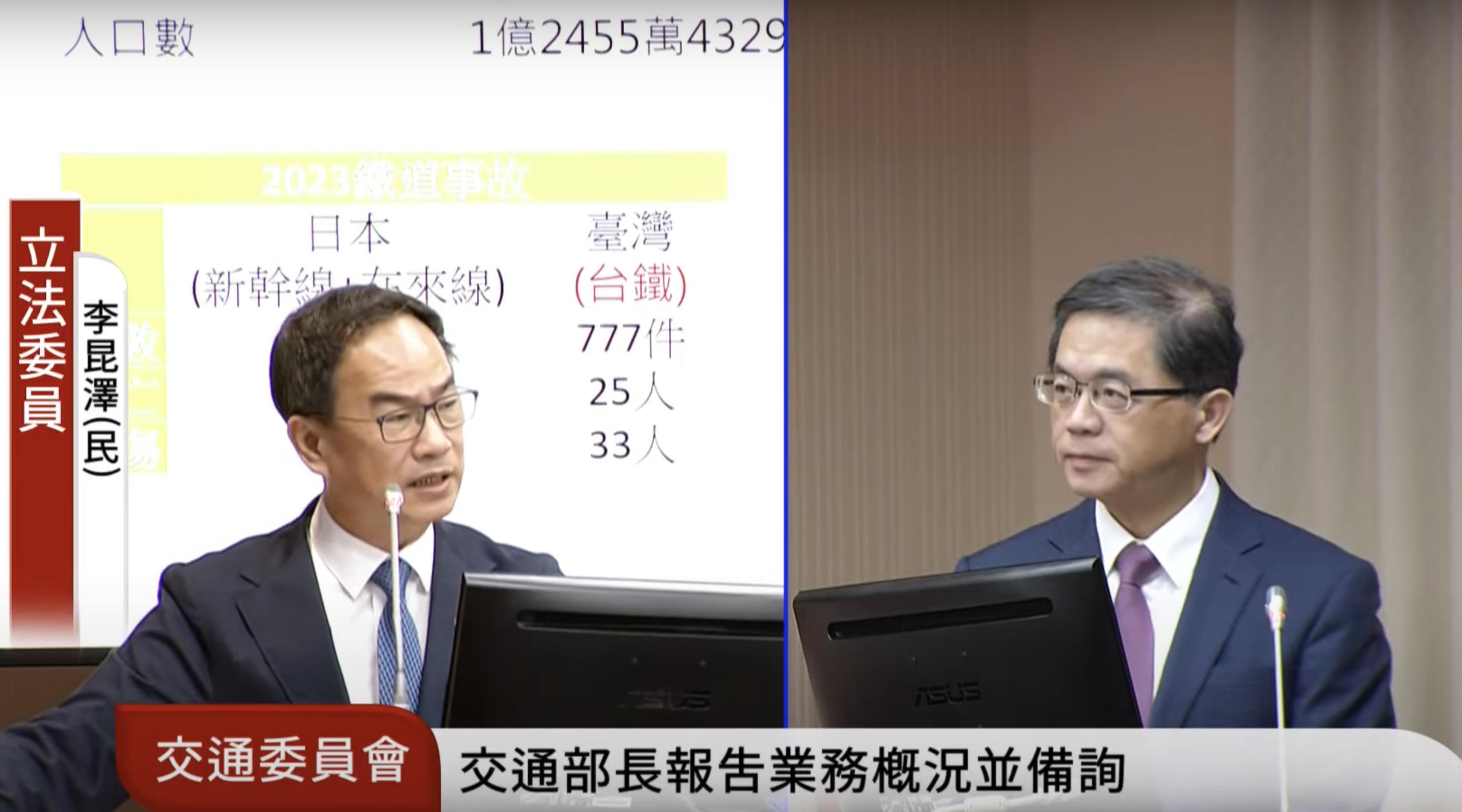交通部长李孟谚（右）今首度赴立法院交通委员会进行业务报告。图／节自国会频道YT