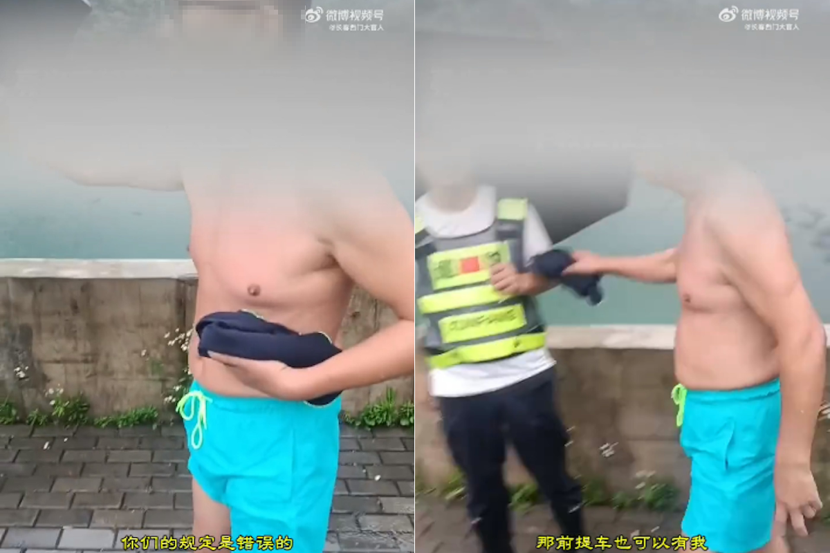 大陆浙江杭州一名退休教授到水库游泳，被巡查人员发现后劝上岸，随后双方发生争执。