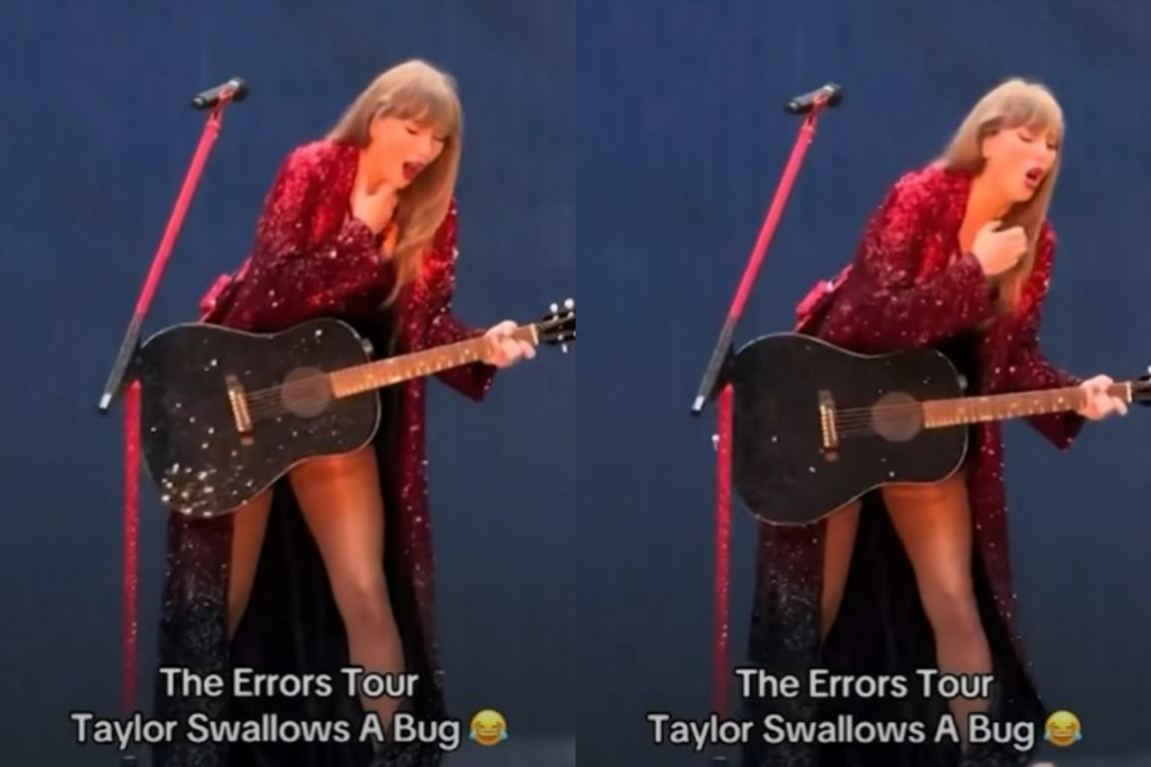 泰勒丝（Taylor Swift）在日前伦敦演唱会上唱到一半突然虫子飞进嘴里，引发她咳嗽。图／截自YouTube／TMZ