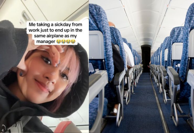 一名印尼女子装病向公司请假，准备搭飞机回乡，结果在机场碰到主管打招呼。合成图／撷自抖音、Canva