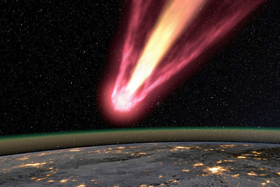 台北市立天文馆分享，艺术家笔下2013年2月15日车里雅宾斯克陨石进入地球大气层的想像图，这颗小行星估计约15公尺大，爆炸产生的冲击波造成上千人受伤。图／天文馆提供、来源加州科学院