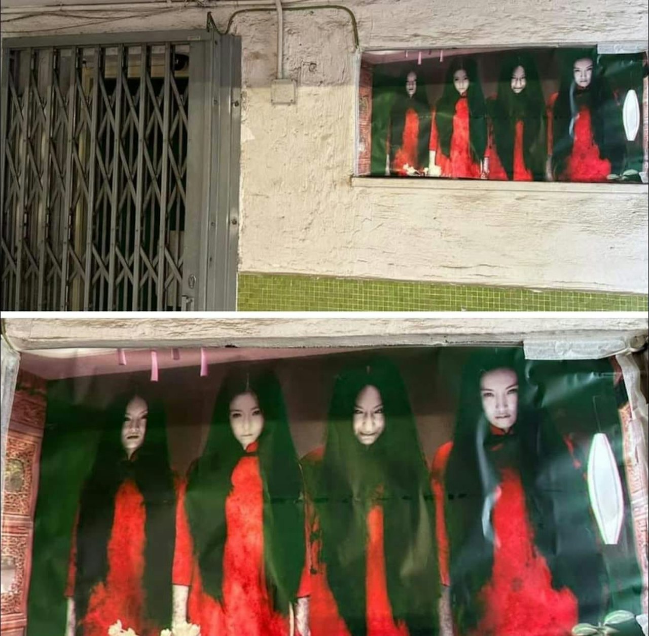 有网友发现邻居在气窗外张贴恐怖片海报，内容是4名身披红衣、面容阴森的女子。（「香港交通突发报料区突发事故资迅谷：点只系交通咁简单」FB图片）