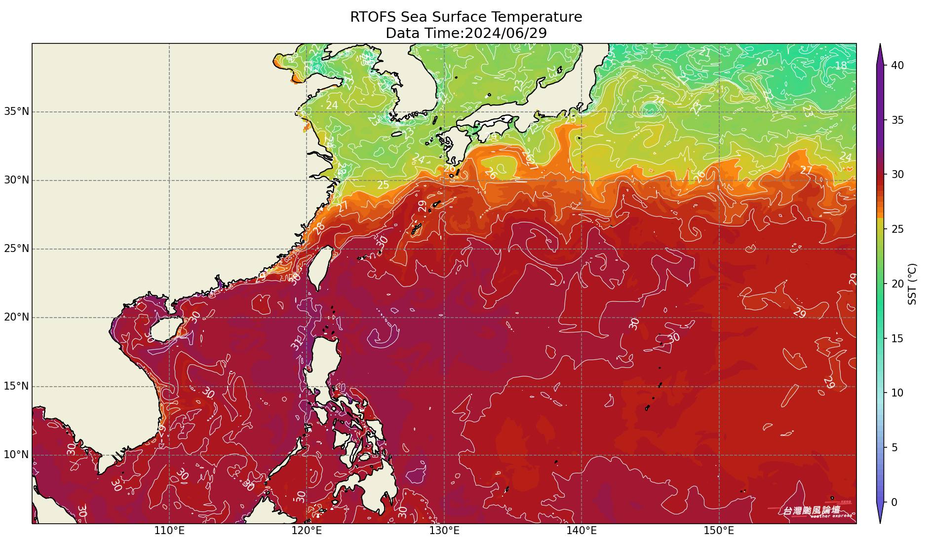 29日的海温图让人感受到地球暖化的威胁已经迫近。图／取材自「台湾台风论坛｜天气特急」脸书粉专