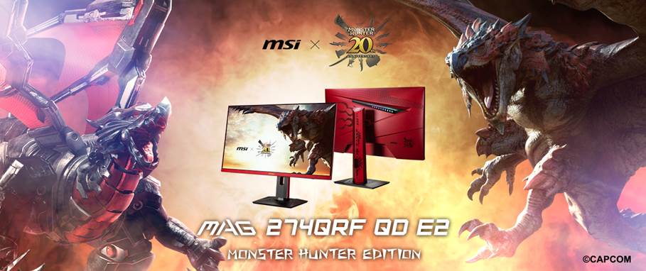 MSI宣布欢庆《Monster Hunter》游戏20周年，联名款MAG 274QRF QD E2电竞显示器限量开卖。微星／提供