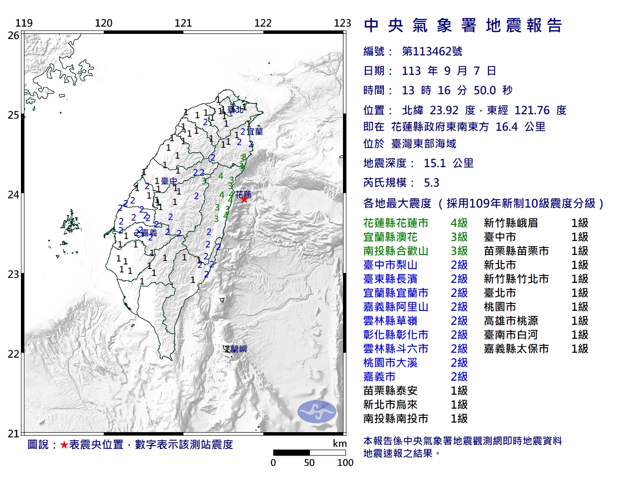 中央氣象署發布第462號顯著有感地震報告，今天下午1時16分花蓮縣政府東南東方16.4公里，位於台灣東部海域，發生芮氏規模5.3地震，最大震度4級，地震深度15.1公里。圖／氣象署提供