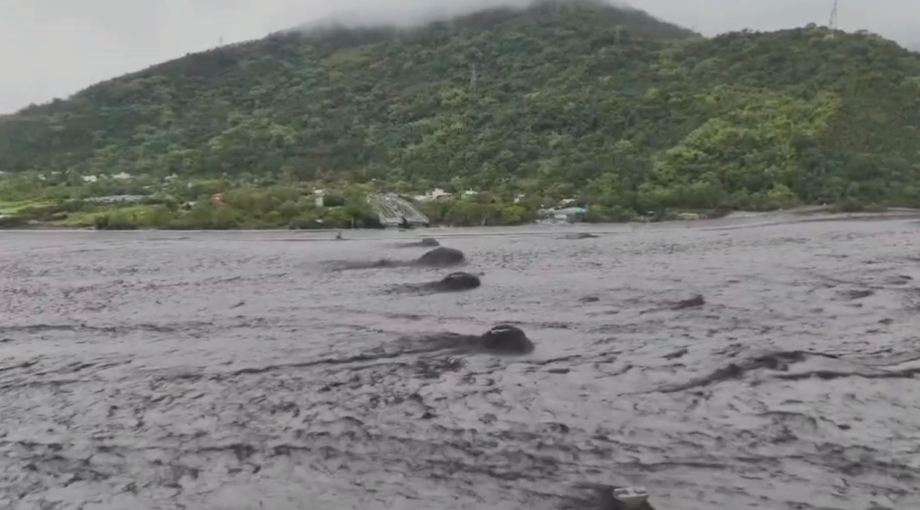 Aerial view of the destroyed Ma Ta An Creek Bridge in Hualien.