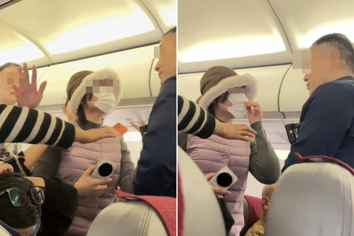 一名戴著帽子和口罩的女子在飞机上大声咆哮。图／取自极目新闻