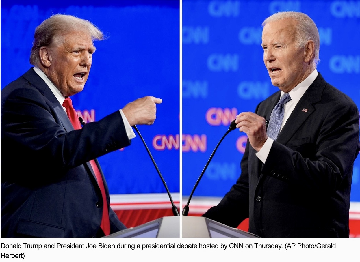 2024首场总统候选人电视辩论，前总统川普(左)对阵现任总统川登。(美联社)