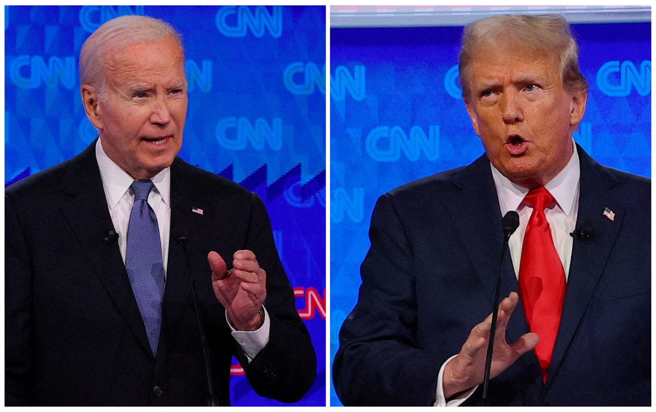 现任总统、民主党总统候选人拜登（左）与共和党总统候选人川普（右）上月27日举行首场辩论。（路透）